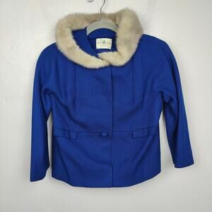 Vintage Hockanum Petit-Point Jacket Womens 6 Royal Blue Mink Collar Jack‎ Bloom
